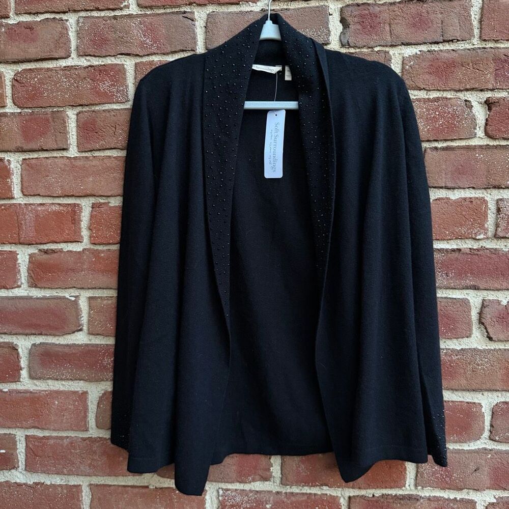 Soft Surroundings $230 Celeste Embellished Open Front Cashmere Cardigan Black S